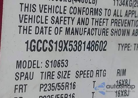 2003 Chevrolet S-10 Ls z USA, uszkodzony, nr VIN 1GCCS19X538148602